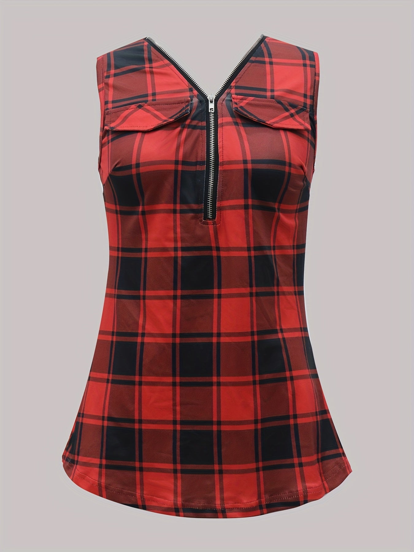Plaid Print Zip Up Tank Top Cross Back Sleeveless Summer Women's Clothing