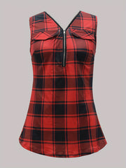 Plaid Print Zip Up Tank Top Cross Back Sleeveless Summer Women's Clothing