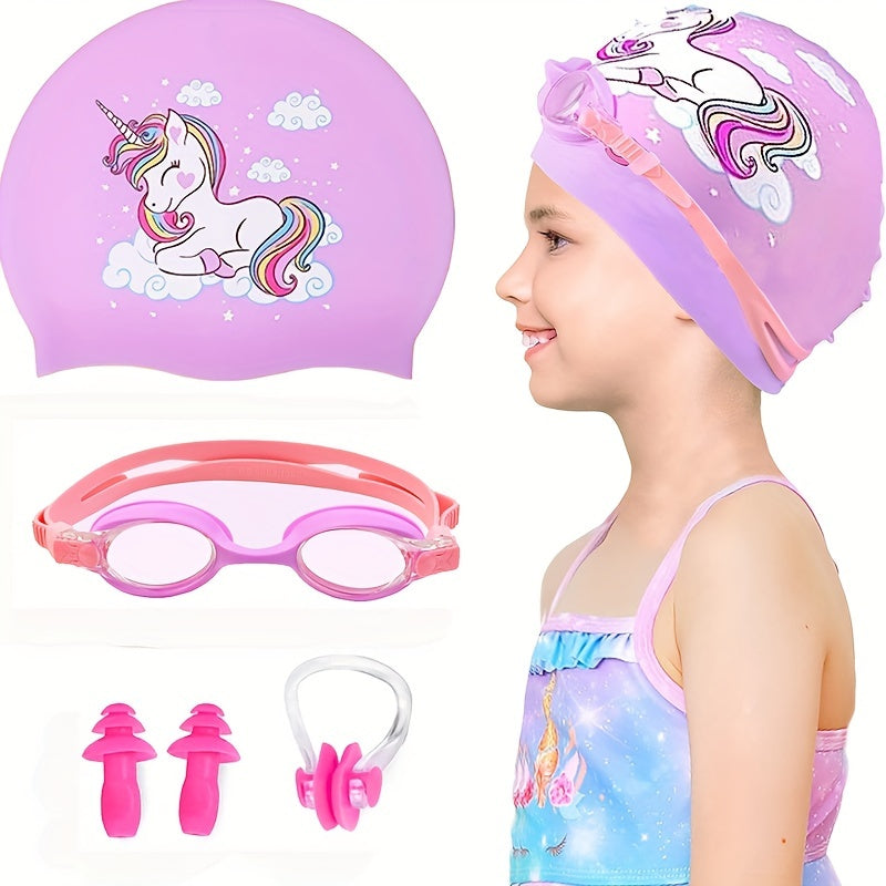 Pattern Silicone Swimming Caps with Earplugs & Nose Clips
