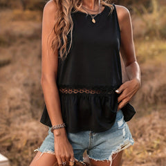 Lace Tank Top Short Sleeve Crew Neck Solid Contrast Casual