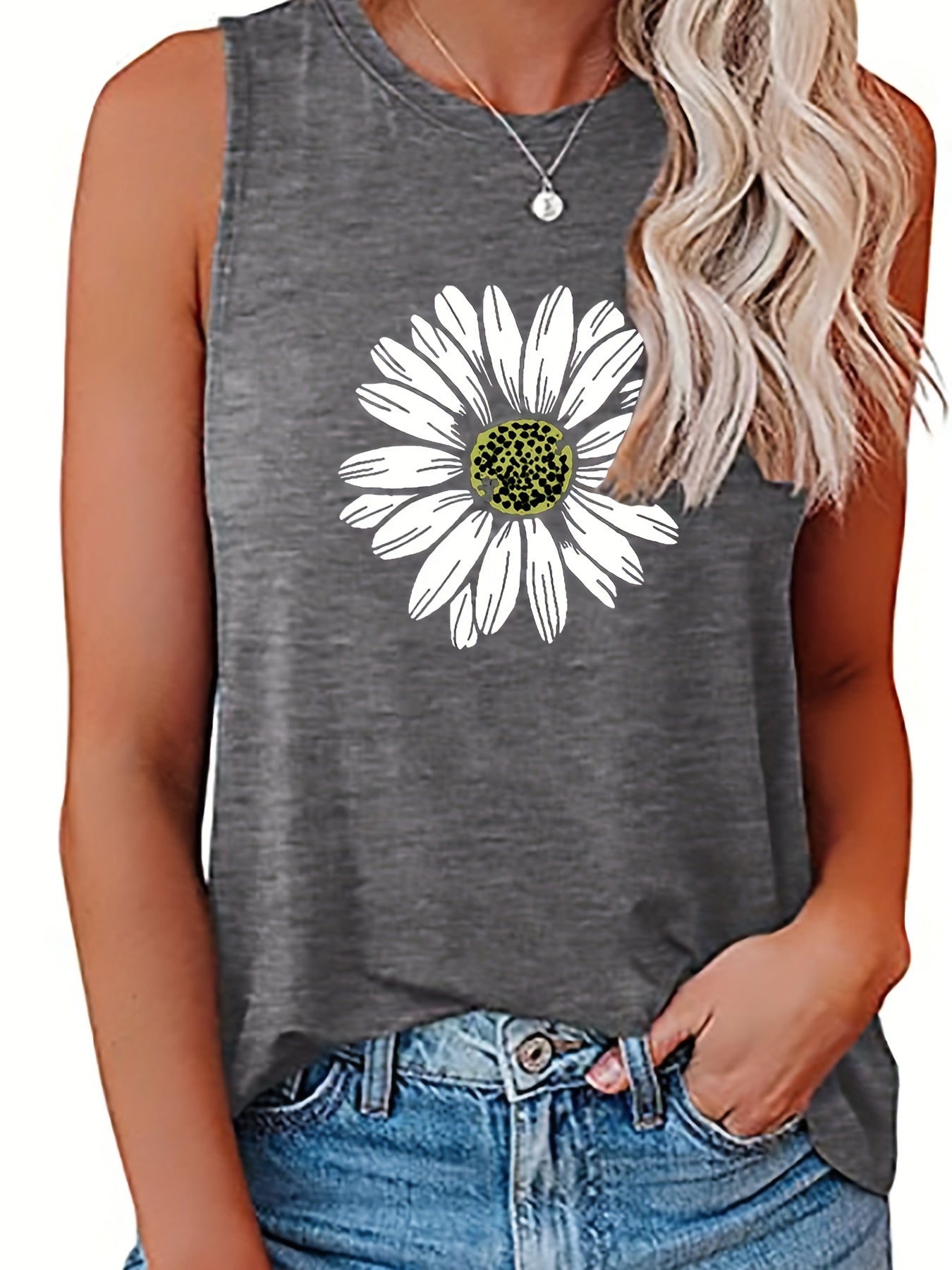 Flower Print Crew Neck Tank Top Sleeveless for Summer