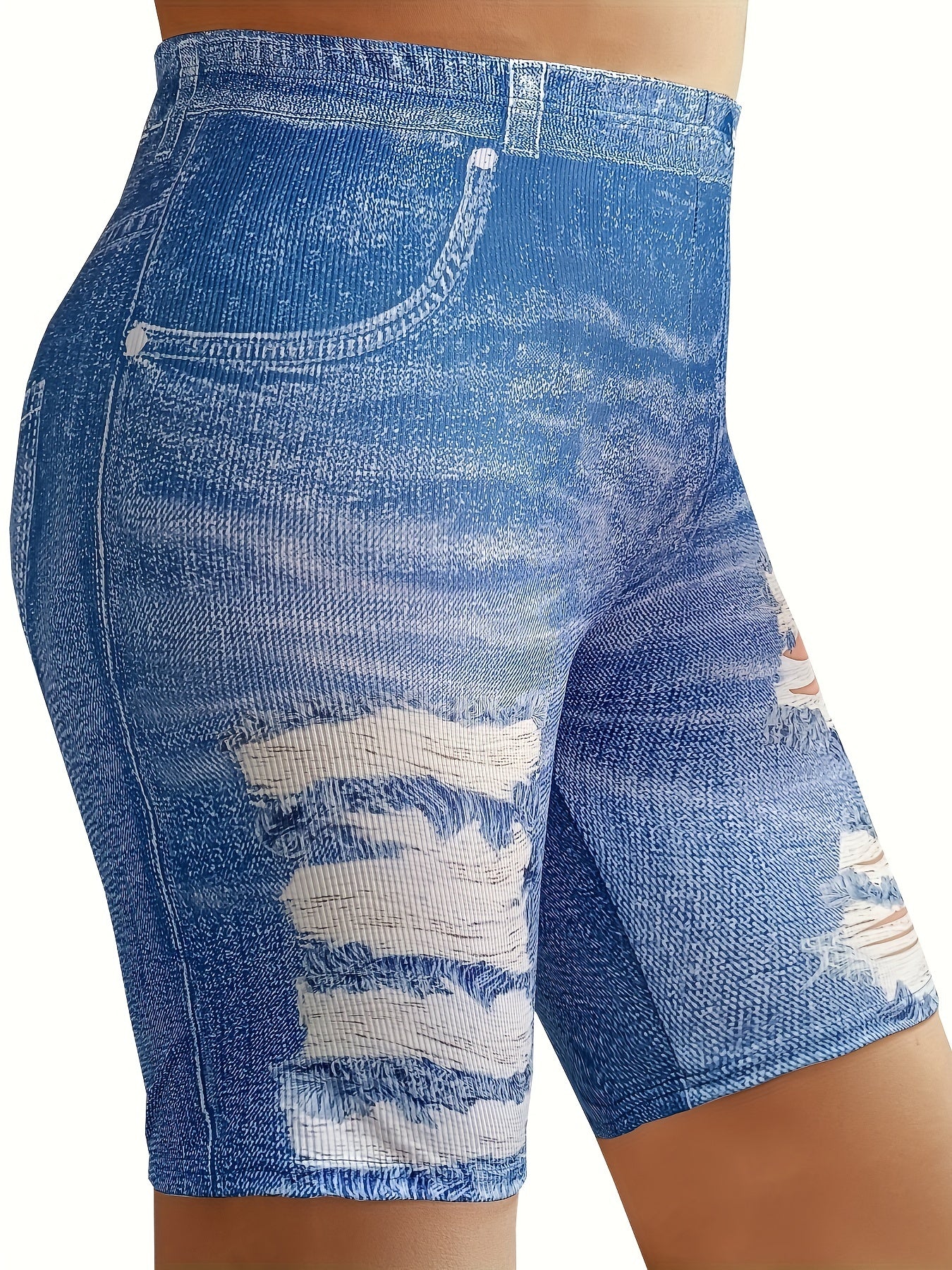 Denim Print High Rise Stretchy Skinny Shorts
