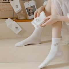 6 Pairs Cartoon Embroidery Mid Tube Socks Women's Stockings
