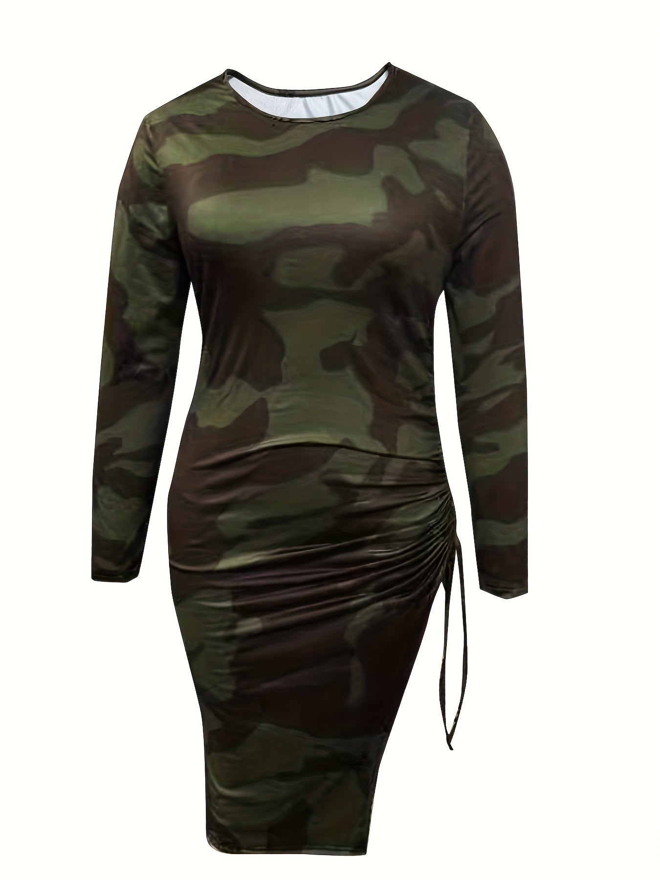 Camo Long Sleeve Round Neck Side Tie Ruched Split Bodycon Midi Dress