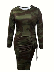 Camo Long Sleeve Round Neck Side Tie Ruched Split Bodycon Midi Dress