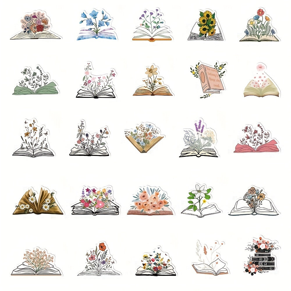 50pcs Books & Flower Stickers for Phone Laptop Refrigerator Skateboard