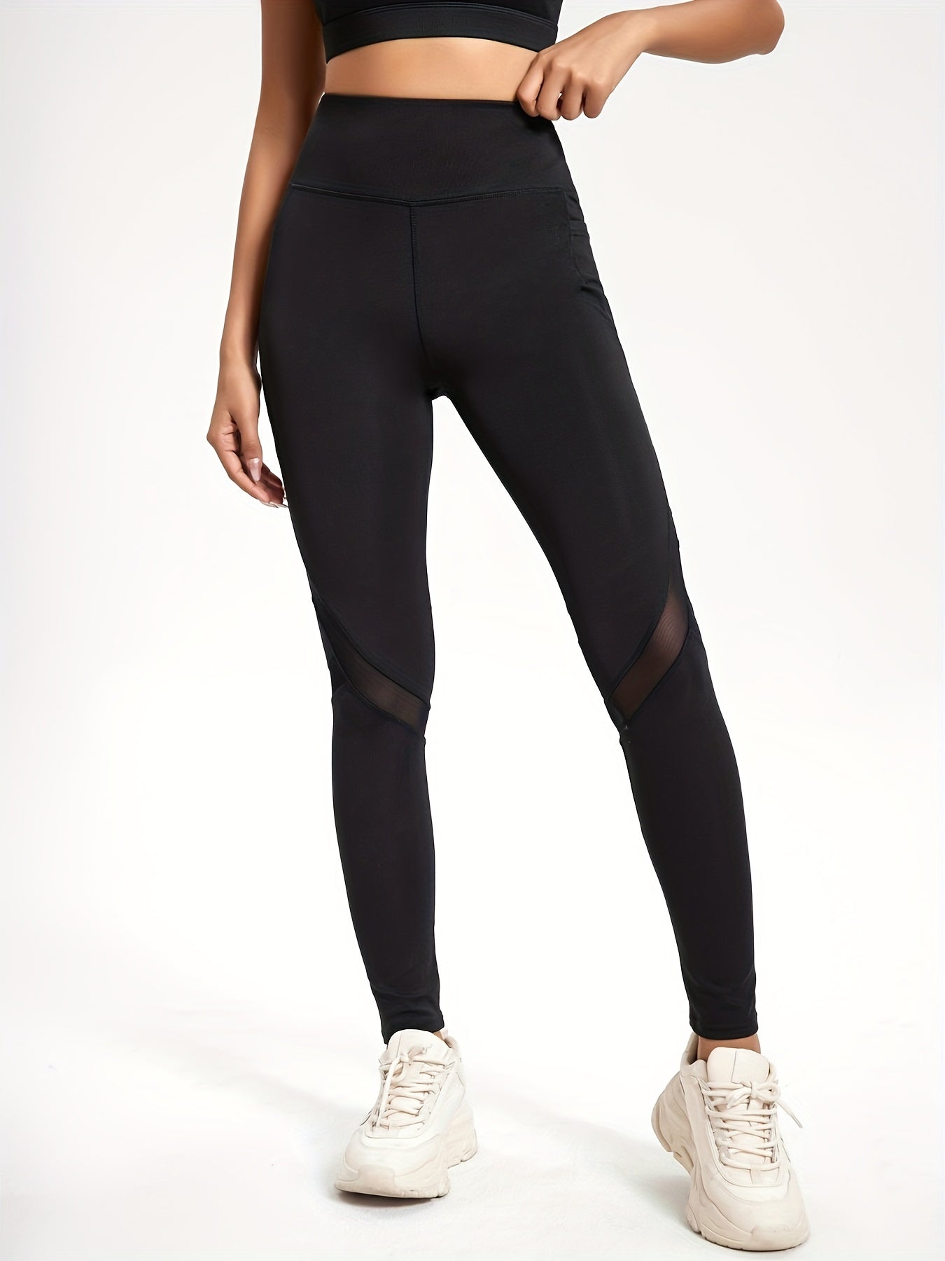 High Waisted Sports Leggings with Mesh Stitching & Pockets