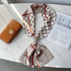 Vintage Horse Print Skinny Scarf Plaid Pattern Long Ribbon Neckerchief