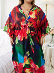 Plus Size Floral Print Batwing Sleeve V Neck Cover Up Dress