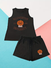 Halloween Funny Pumpkin Print Tank Top & Shorts Pajamas Set