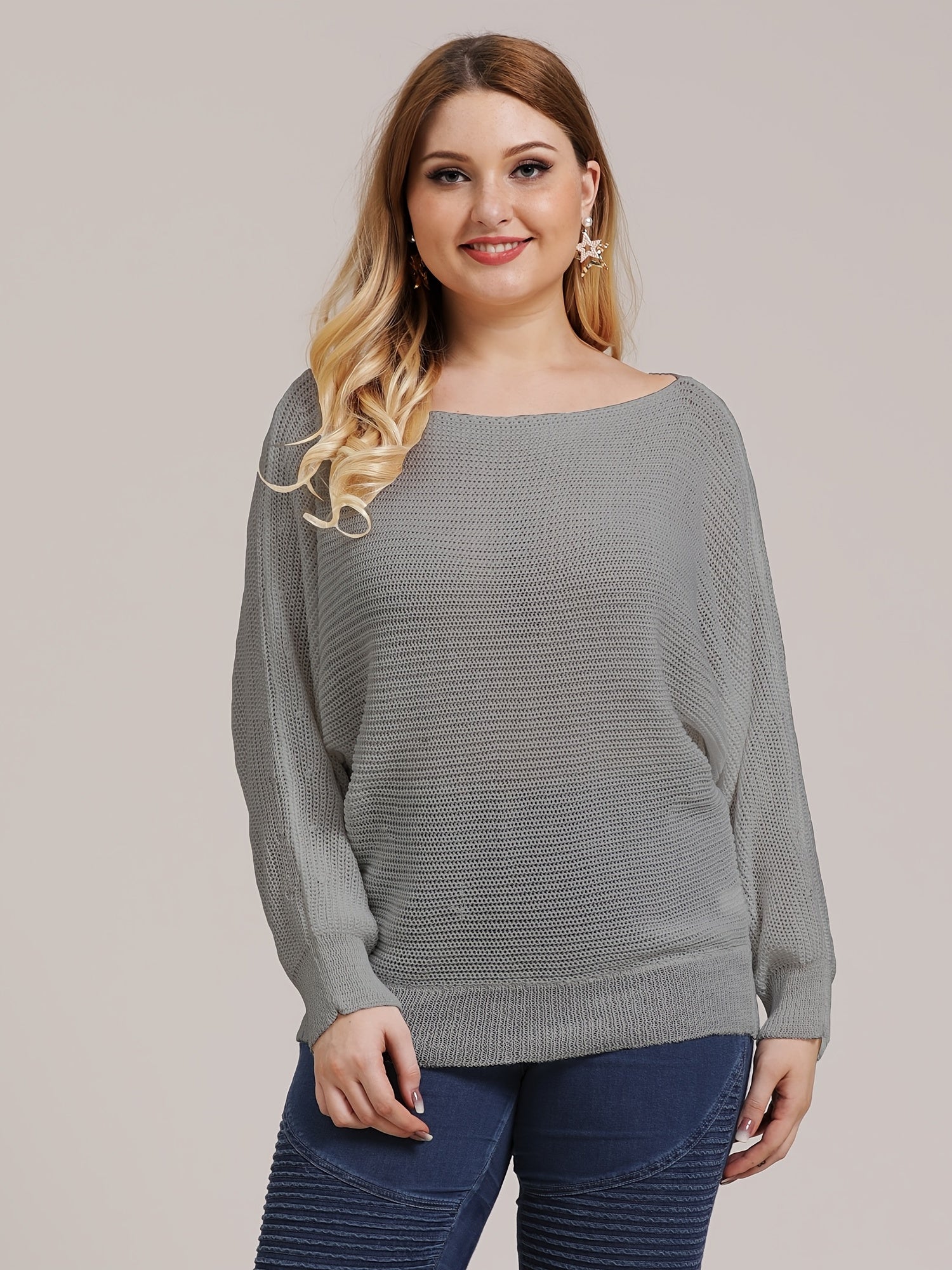 Eyelet Embroidered Boat Neck Long Sleeve Sweater