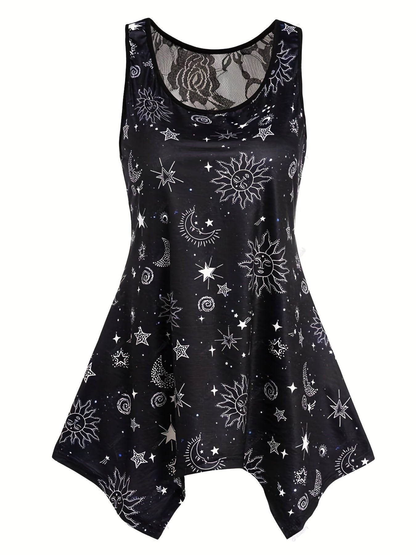 Gothic Sun & Moon Mesh Tank Top, Crew Neck Sleeveless Summer Top