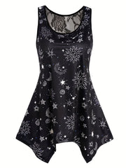 Gothic Sun & Moon Mesh Tank Top, Crew Neck Sleeveless Summer Top