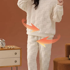 Plaid Fuzzy Pajama Set Long Sleeve Crew Neck Top & Elastic Waistband Pants