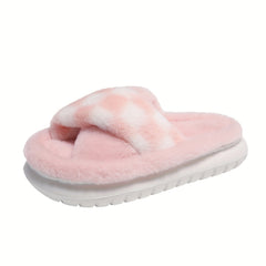 Women's Checkered Plush Slippers Crisscross Strap Fuzzy Platform Shoes