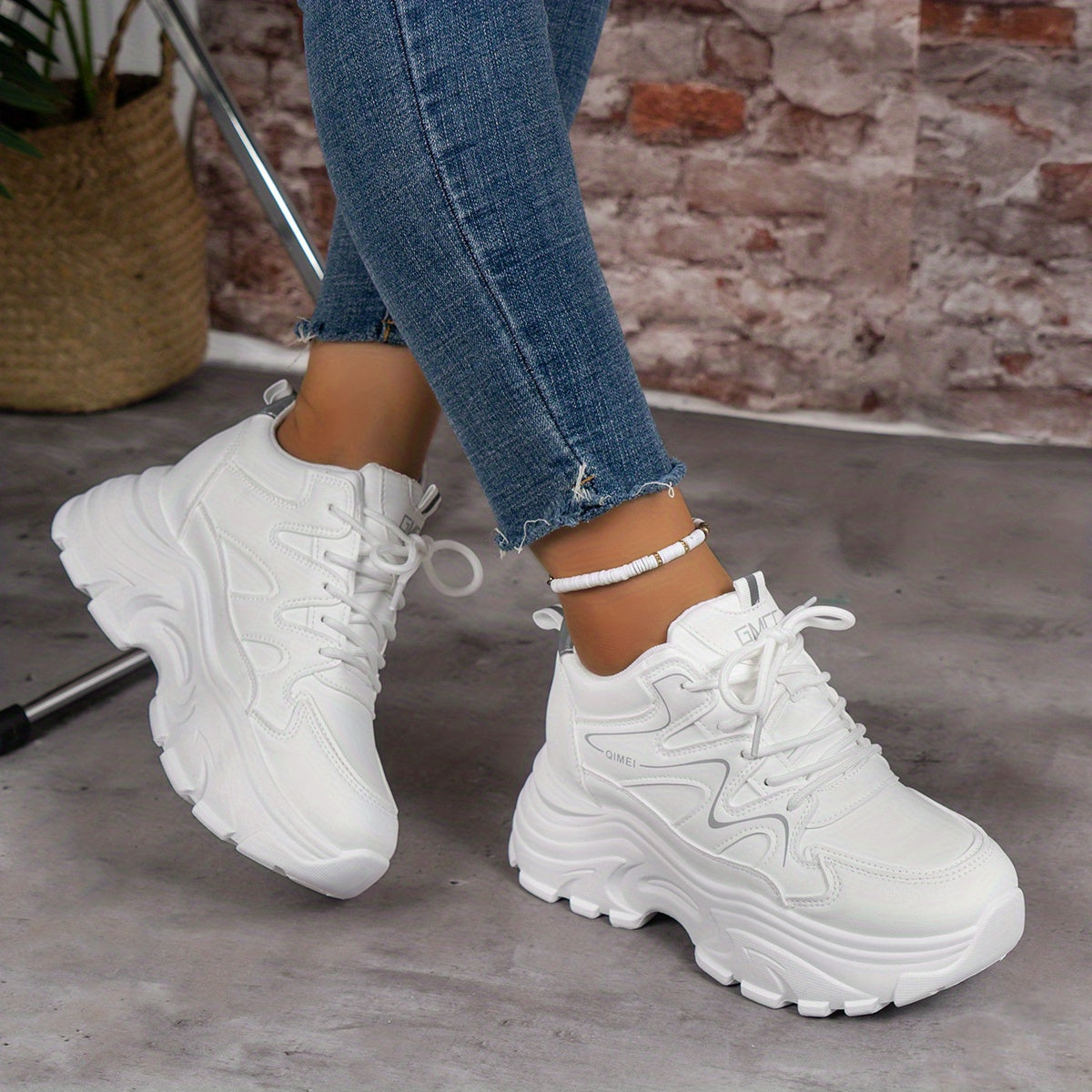 Women's Thick Bottom Sports Shoes Casual Solid Sneakers Lace Up Platform