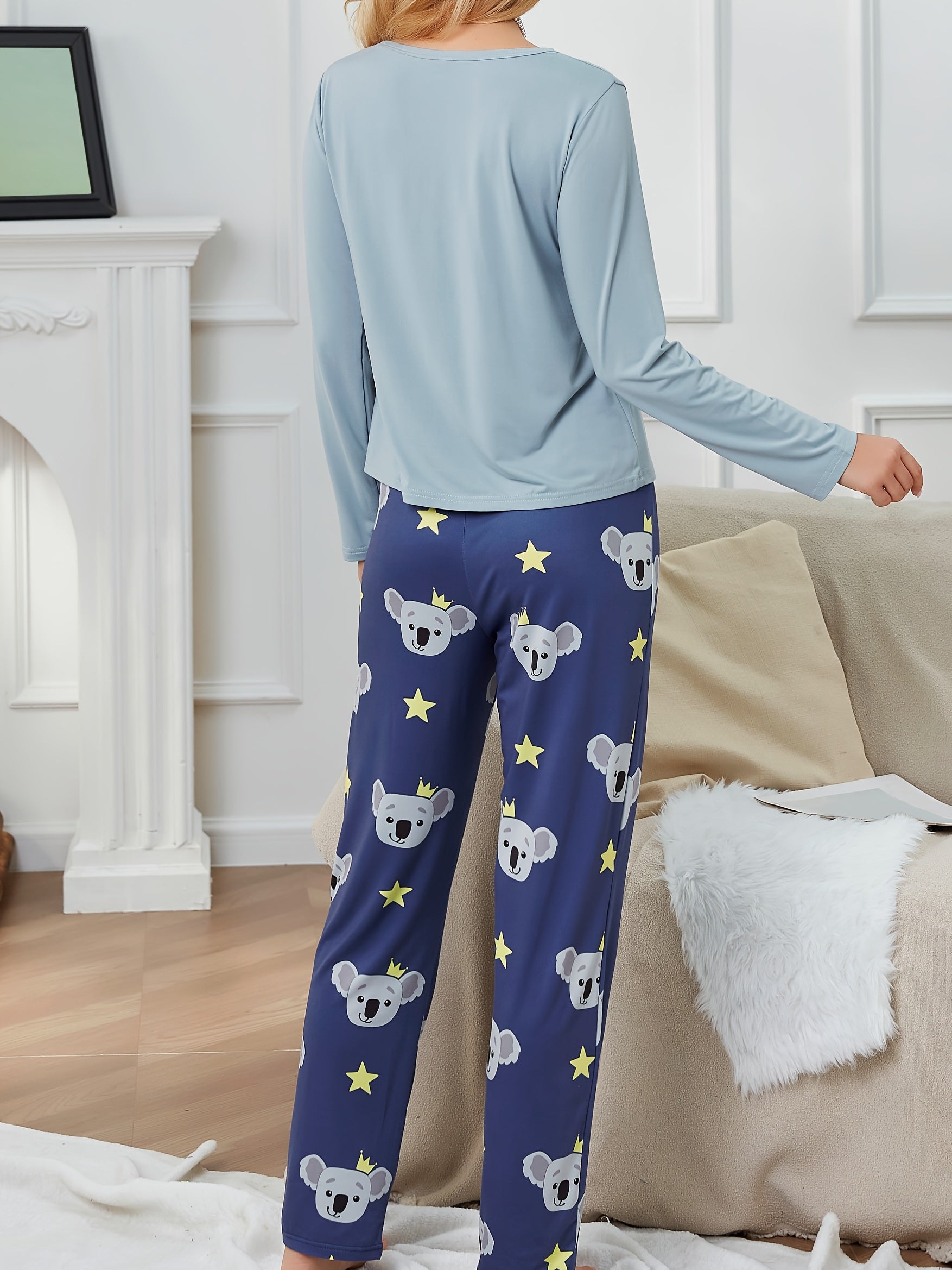 Koala Print Lounge Set Long Sleeve Top & Pants Women's Loungewear