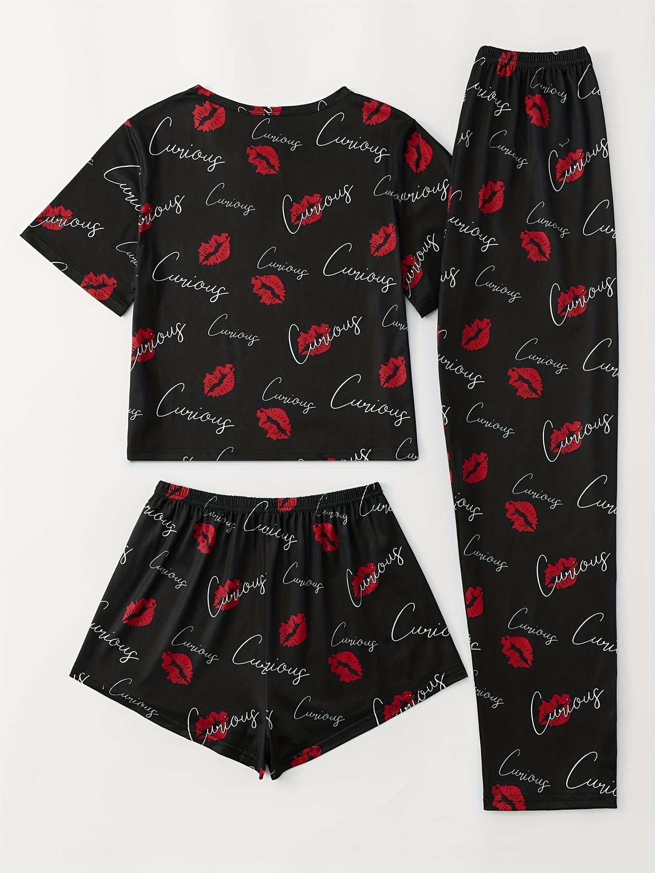 Lips Print Pajamas Set Short Sleeve Top & Shorts & Pants