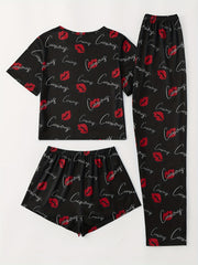 Lips Print Pajamas Set Short Sleeve Top & Shorts & Pants