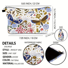 Butterfly Grasses & Flowers Cosmetic Bag Small Roomy Zipper Makeup Pouch