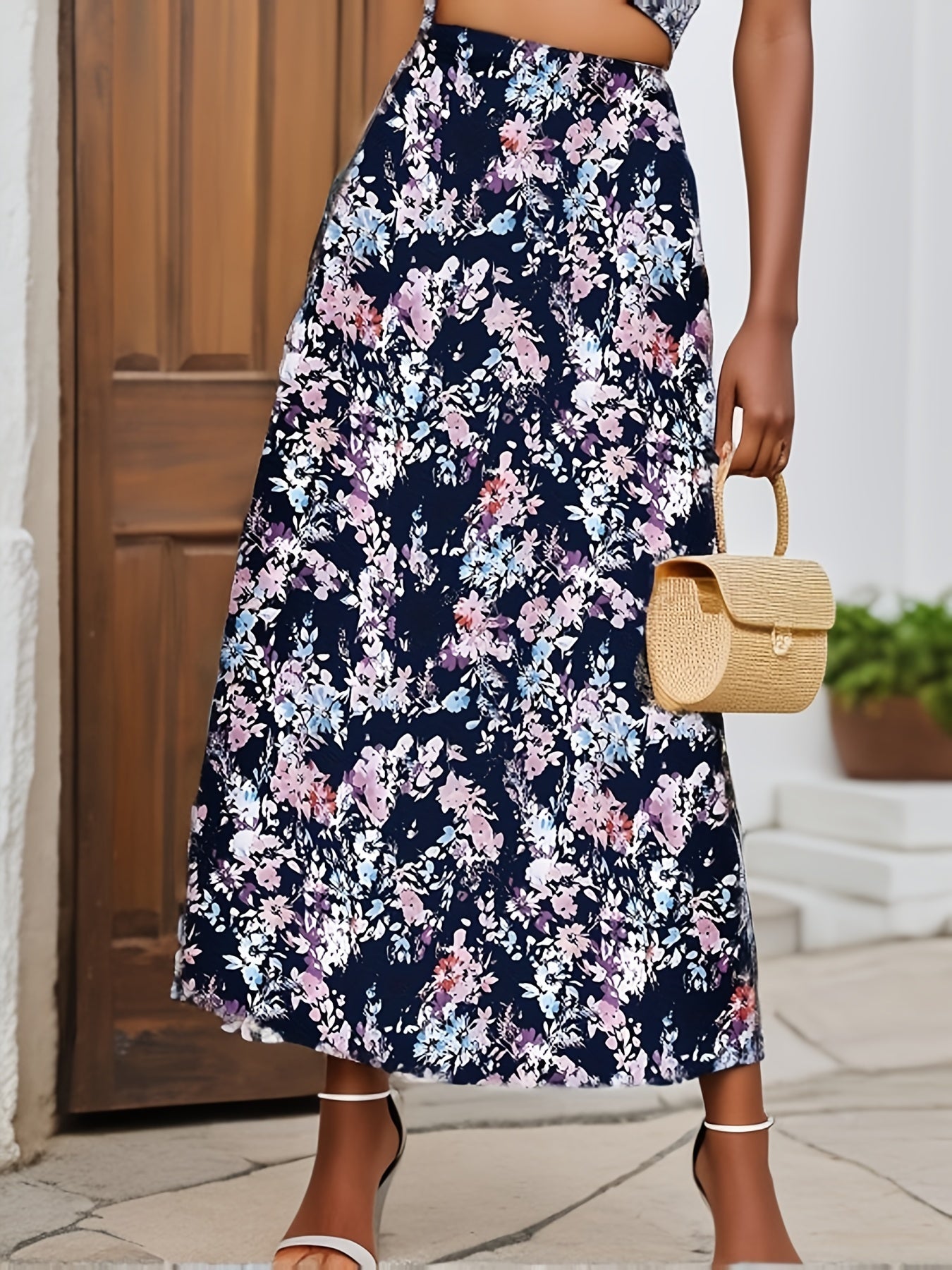 Floral Print High Waist Skirt Boho Loose Skirt For Spring & Summer