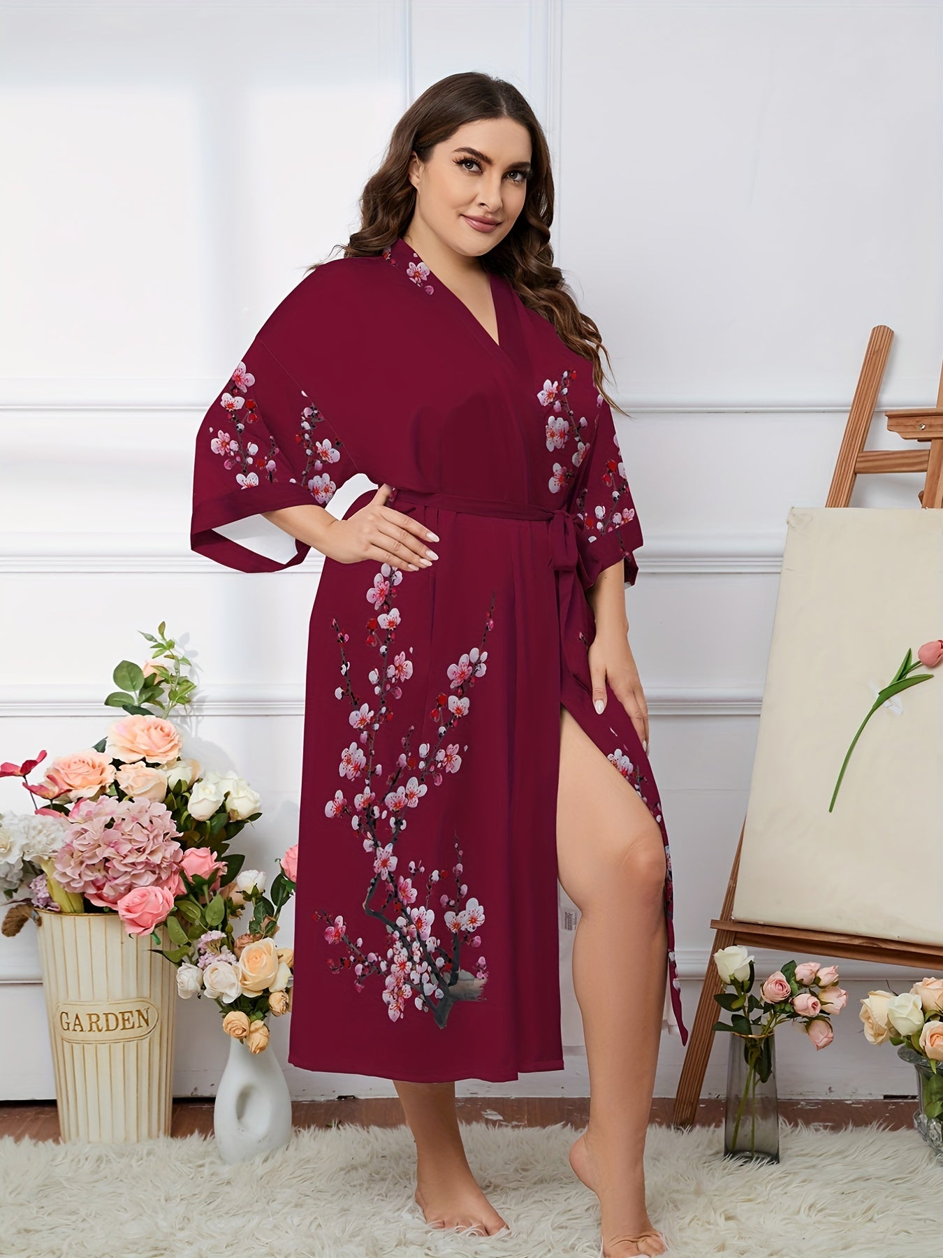 Plum Print Long Sleeve Robe Nightgown