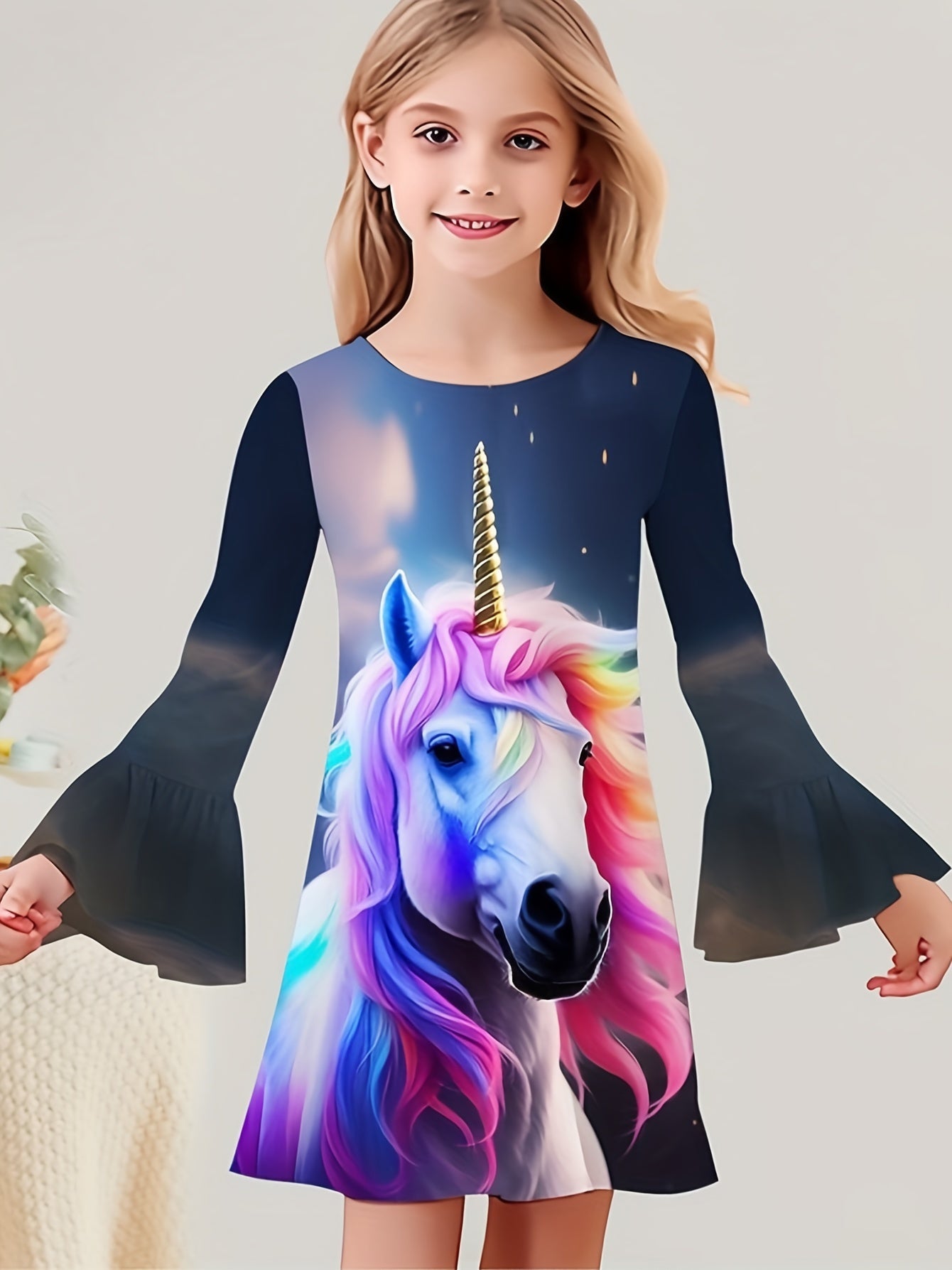 Dreamy Unicorn Graphic Crew Neck Long Sleeve Dress For Girls