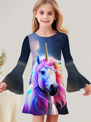 Dreamy Unicorn Graphic Crew Neck Long Sleeve Dress For Girls