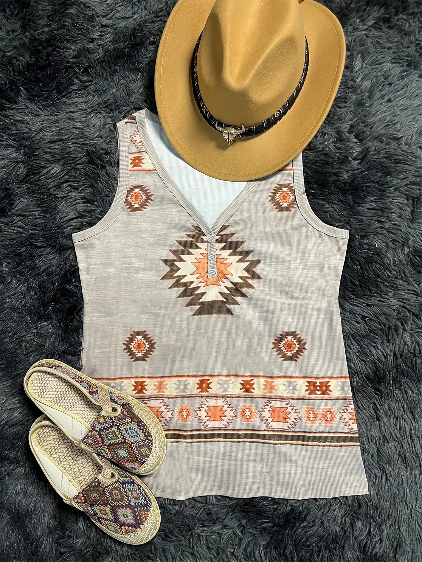Geo Pattern Ribbed Tank Top V Neck Casual Sleeveless Top