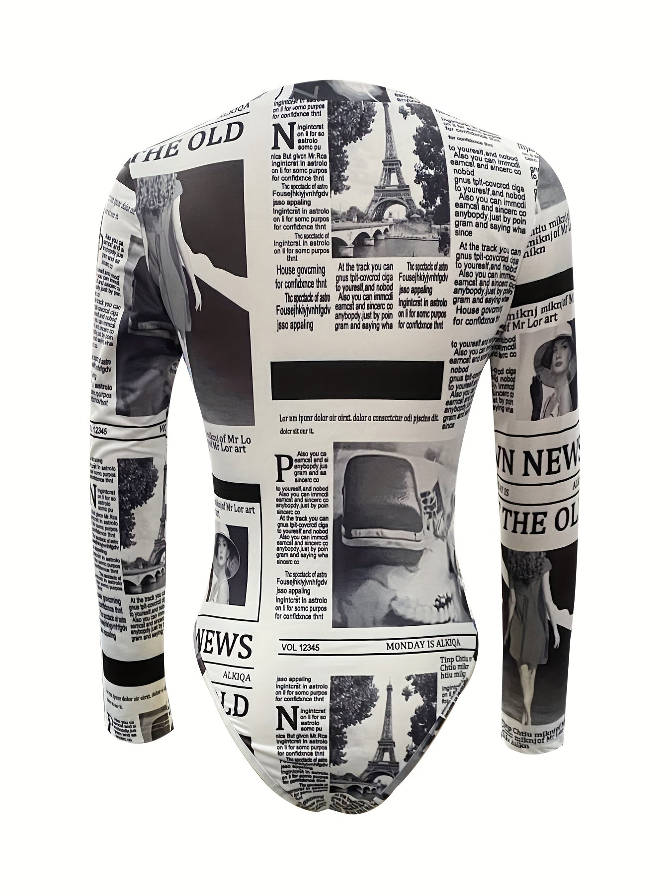 Newspaper Print Bodysuit Long Sleeve Sexy One Piece