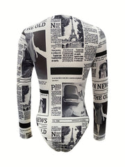 Newspaper Print Bodysuit Long Sleeve Sexy One Piece