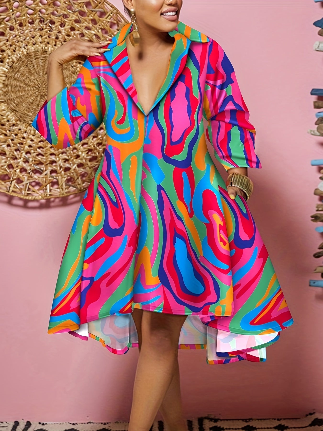 Printed Long Sleeve Polo Neck Dress