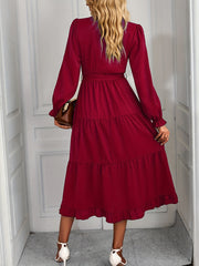 Tiered Surplice Neck Dress Long Sleeve Midi Dress Women's Clothing