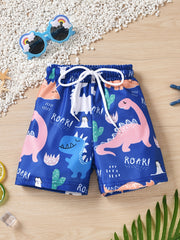 Boys Cartoon Print Drawstring Waist Shorts Swimsuit Trunk