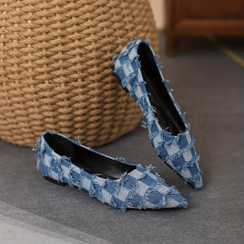 Women's Plaid Pattern Denim Flat Shoes Casual Point Toe Tassel Detail Shoes