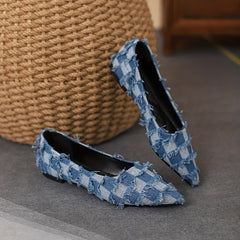 Women's Plaid Pattern Denim Flat Shoes Casual Point Toe Tassel Detail Shoes