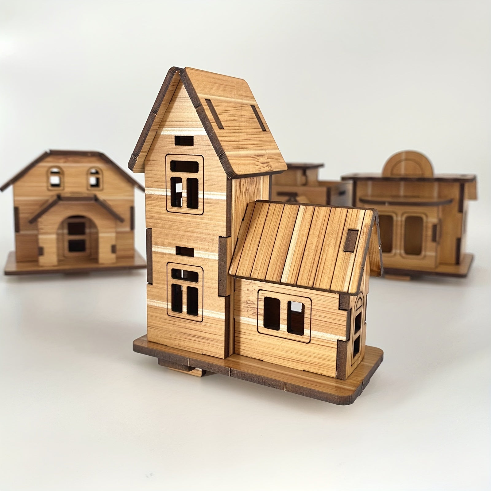 4pcs Mini Wooden 3D Puzzle Kit DIY Building Models Brain Teaser Educational Toy