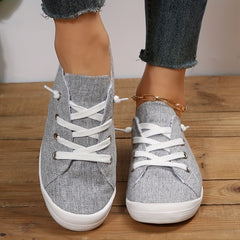 Women's Grey Flat Canvas Shoes Low Top Lace Up Sneakers