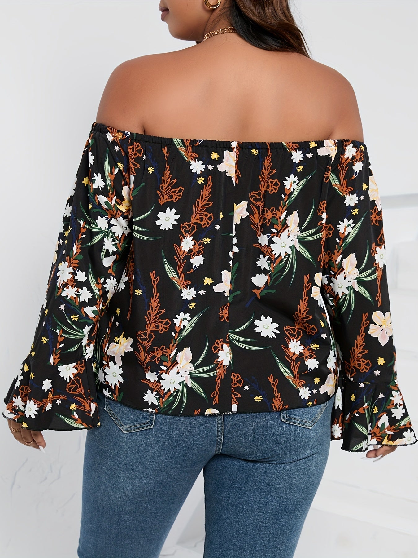 Blouse Women's Plus Floral Print Off Shoulder Bell Sleeve Shirt Top