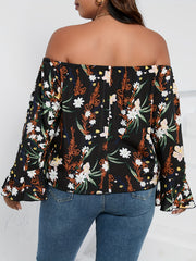 Blouse Women's Plus Floral Print Off Shoulder Bell Sleeve Shirt Top