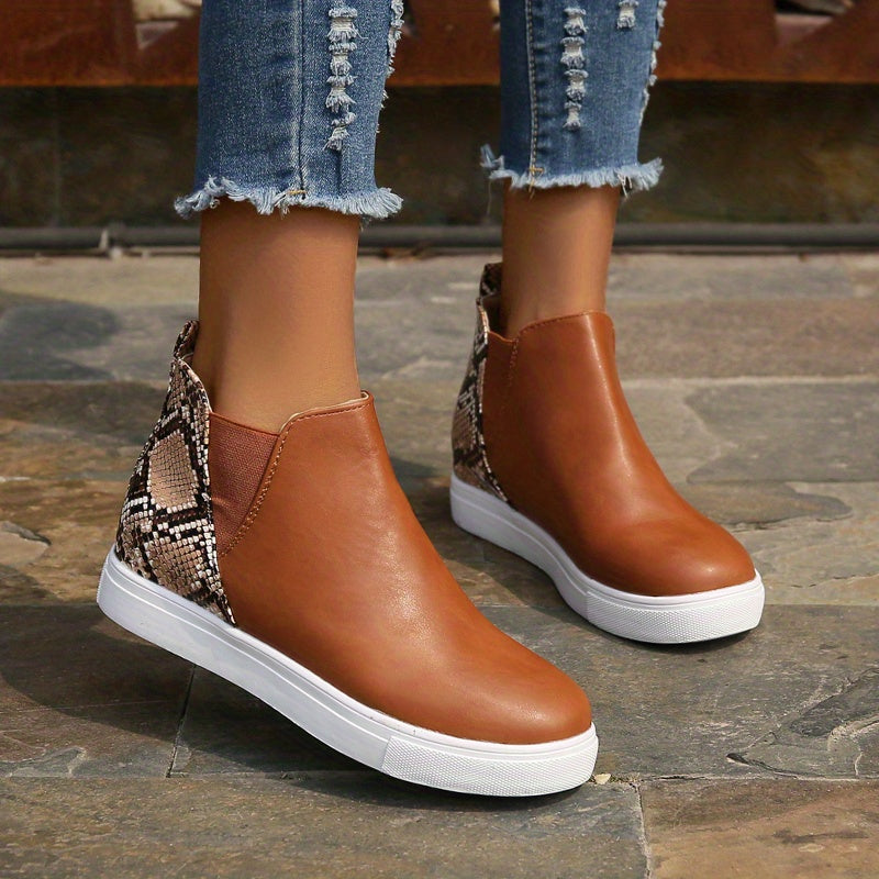 Women's Snakeskin Pattern Short Boots Stretch Fabric Sided Boots