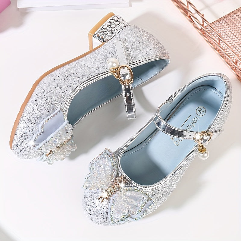Glitter Bowknot Dress Shoes Low Heel for Kids