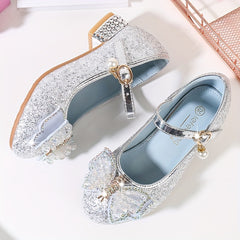 Glitter Bowknot Dress Shoes Low Heel for Kids