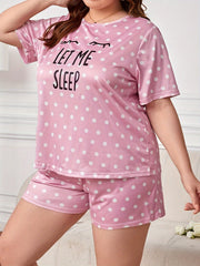 Polka Dot & Slogan Pajama Set Short Sleeve Tee & Shorts Loungewear