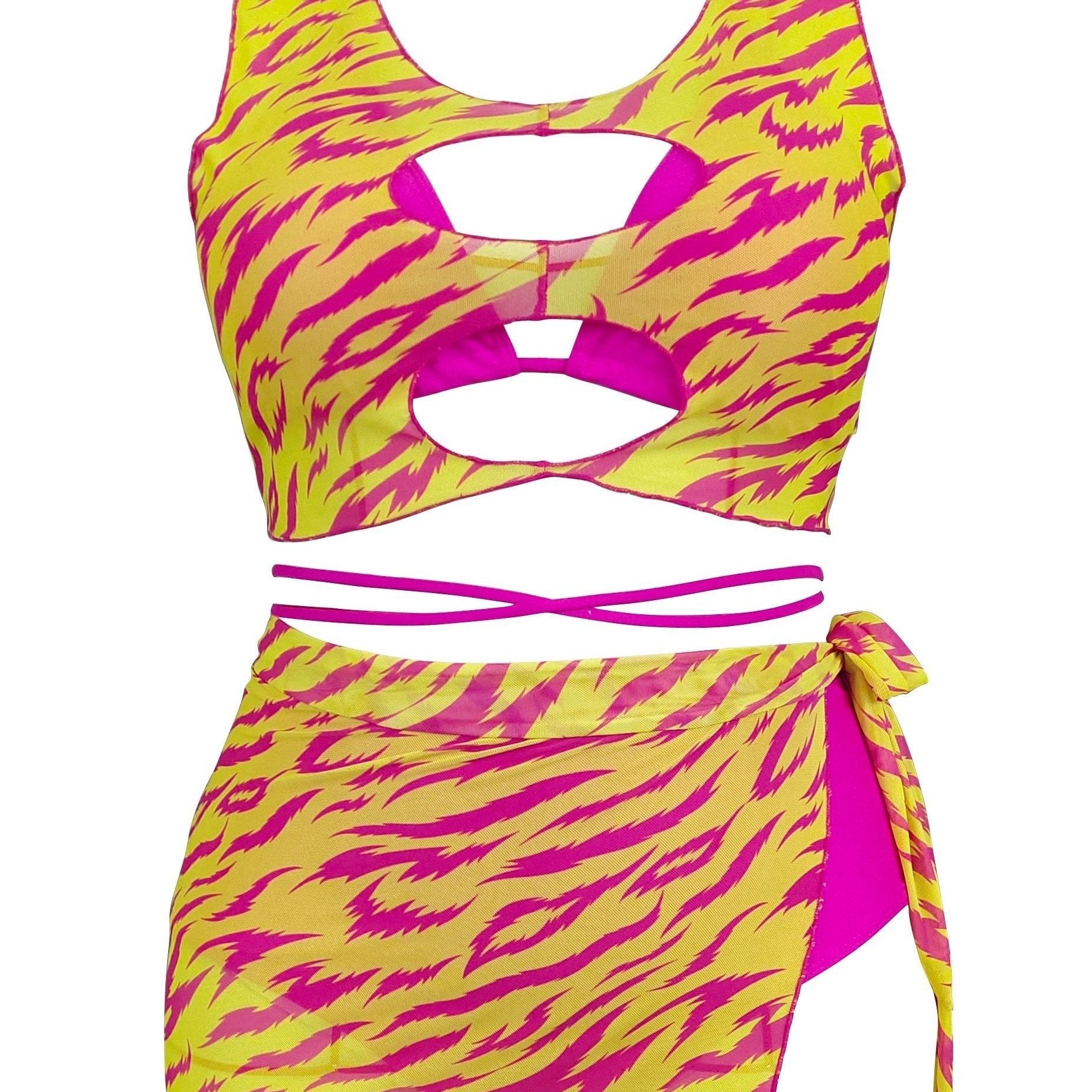 Stripe Print Bikini Set & Crop Top & Cover Up Skirt