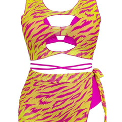 Stripe Print Bikini Set & Crop Top & Cover Up Skirt