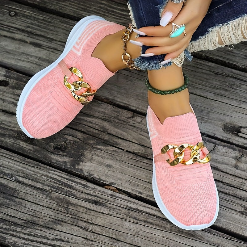 Woven Slip-On Sneakers with Chain Decor Women's Casual Shoes