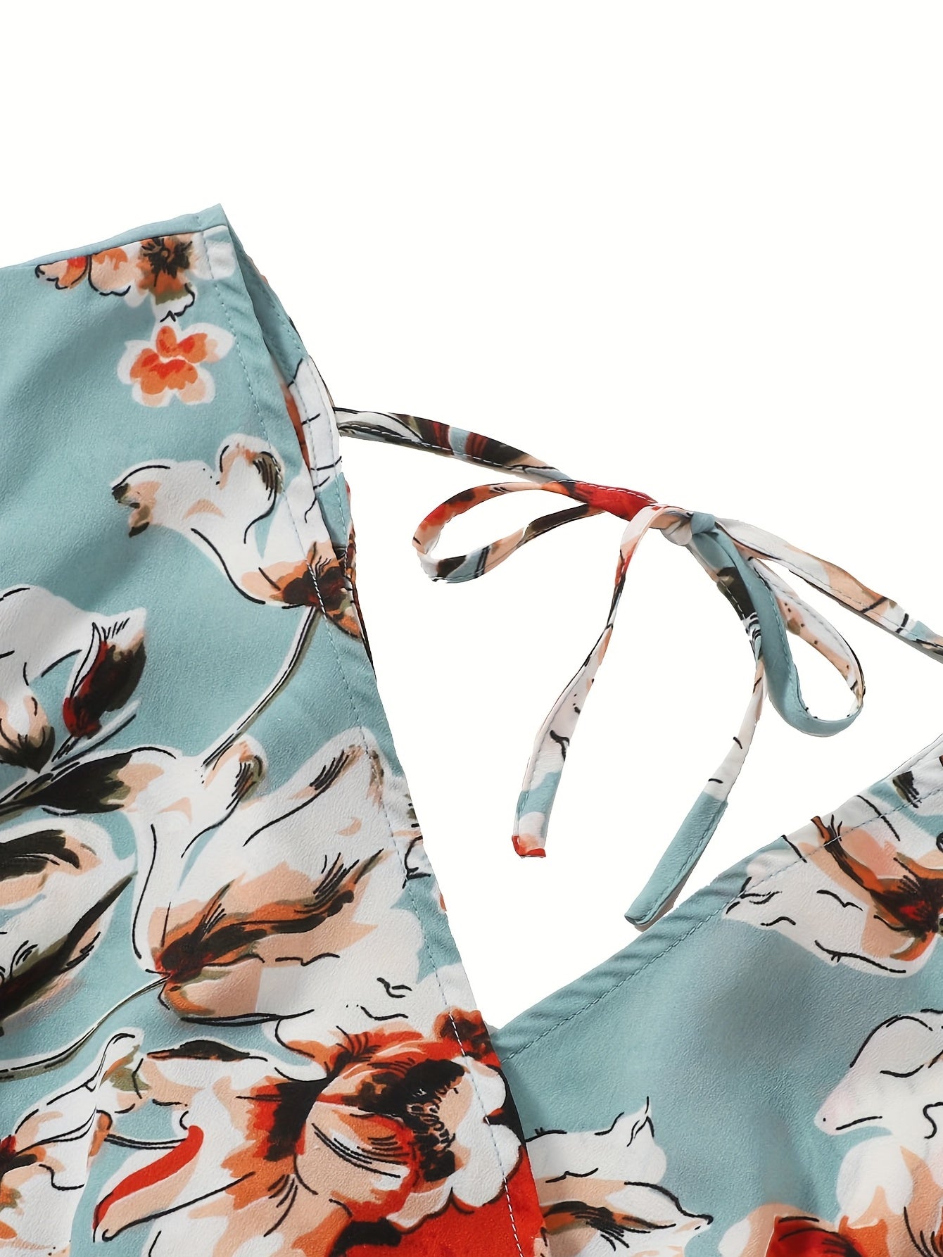 Vintage Floral Print 2pc Set V Neck Ruffle Trim Tops & Elastic Waist Shorts