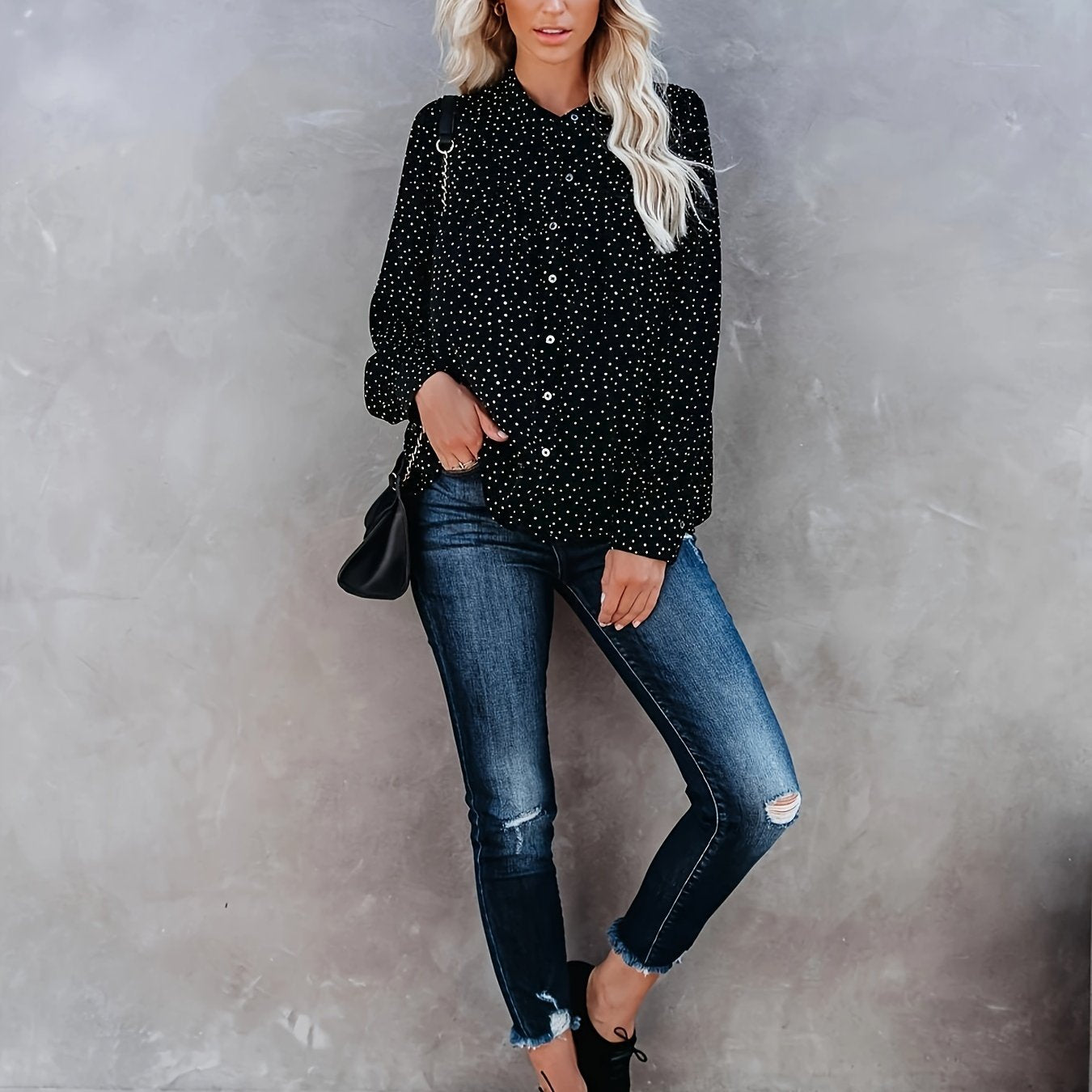 Boho Blouse Women's Plus Dot Print Button Up Long Sleeve