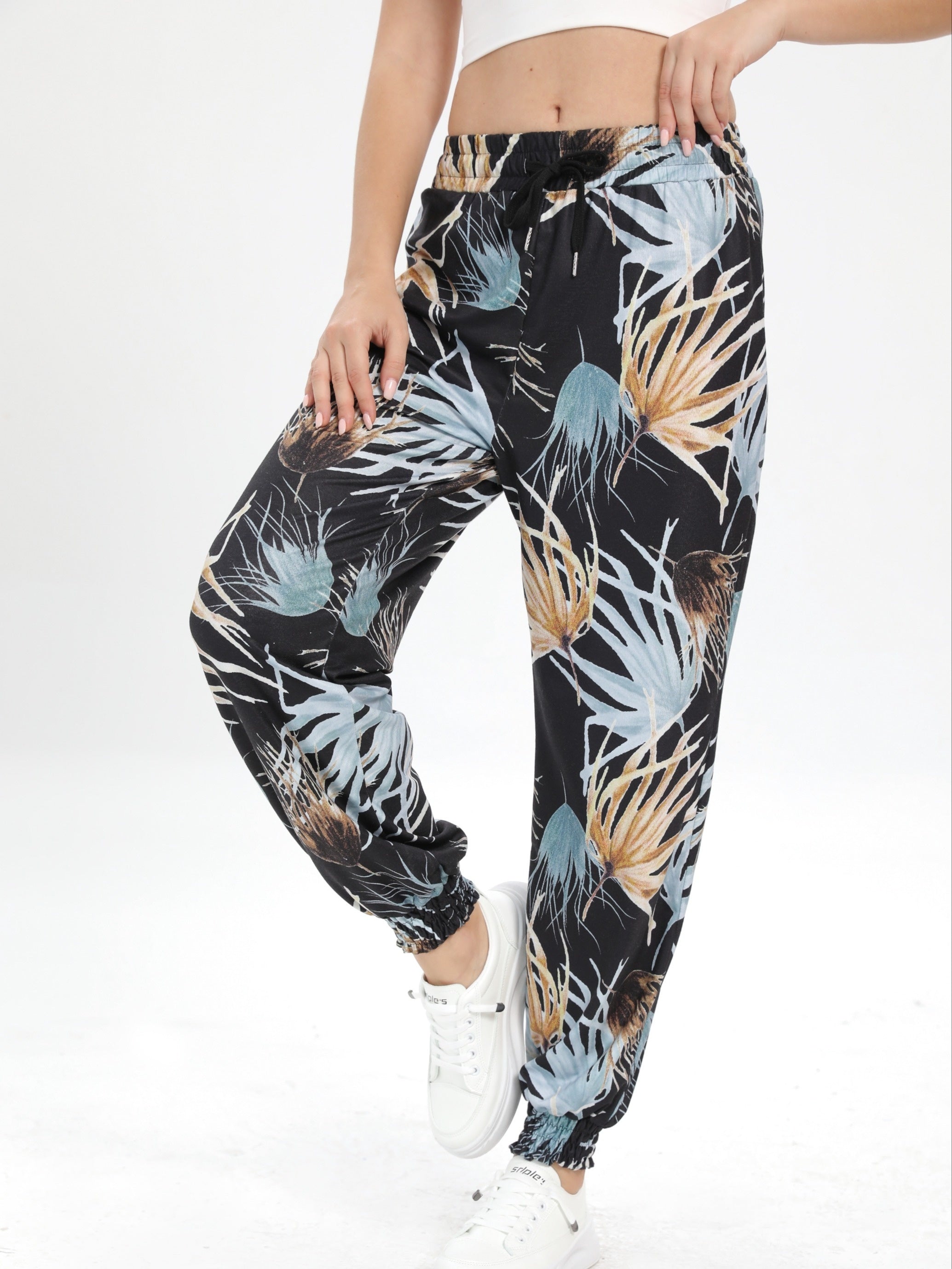 Leaf Print Casual Jogging Pants Elastic Waist Loose Fit Sports Pants